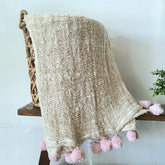 Loose Weave Natural Cotton Throw with Tassels or Pompoms | 130×220cm